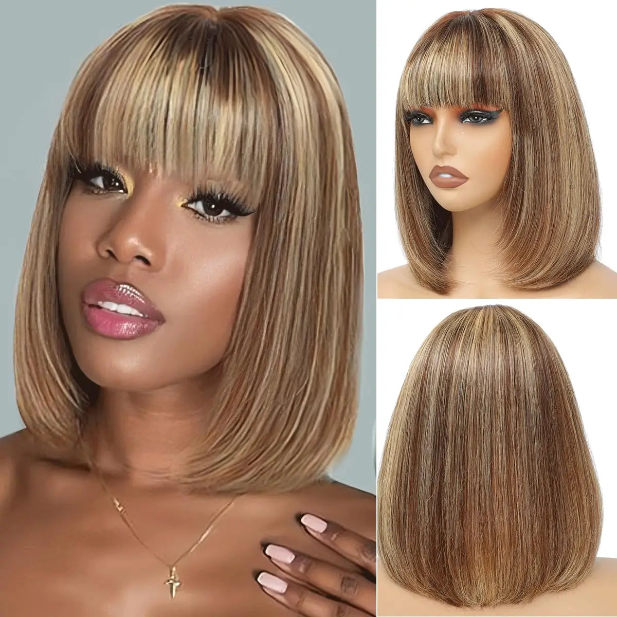 Bone Straight Bob Wig with Bangs Human Hair 180% High Density Glue less Short Bob