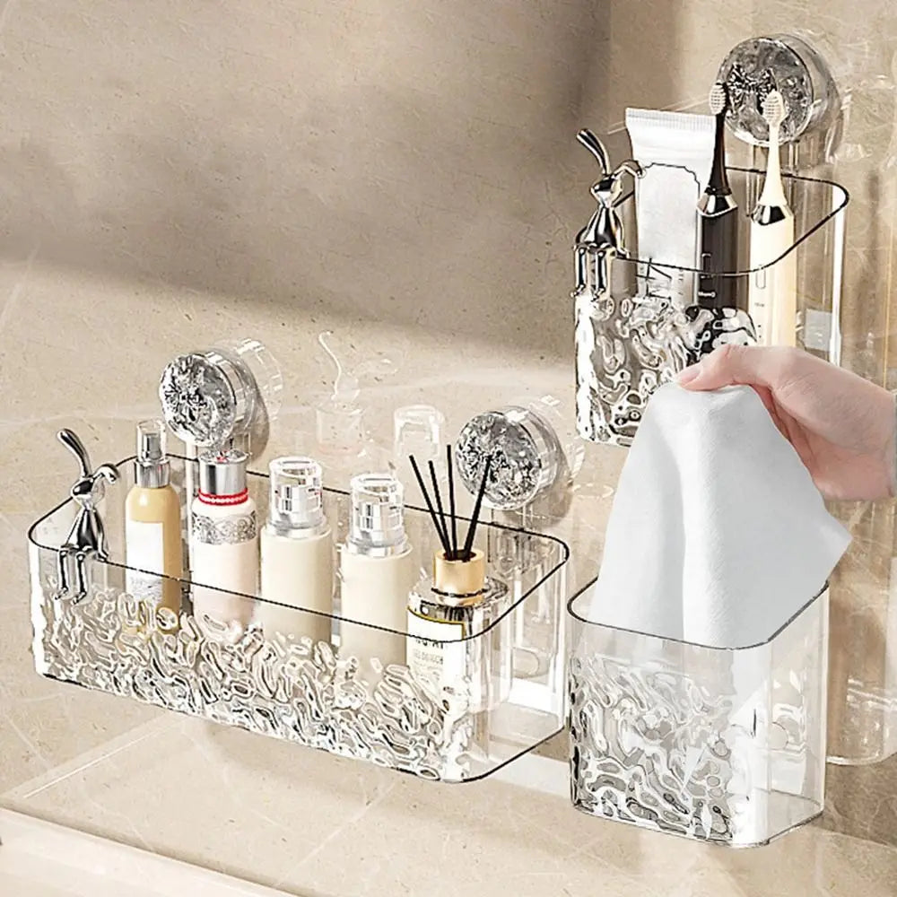 Plastic Shower Suction Cup Shelf Glacier Pattern Transparent Wall Storage Rack