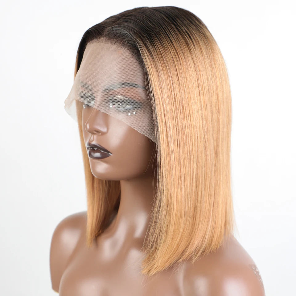 Ombre Gold Blonde Short Straight Bob 13x1 Lace Front 100% Human Hair Wigs