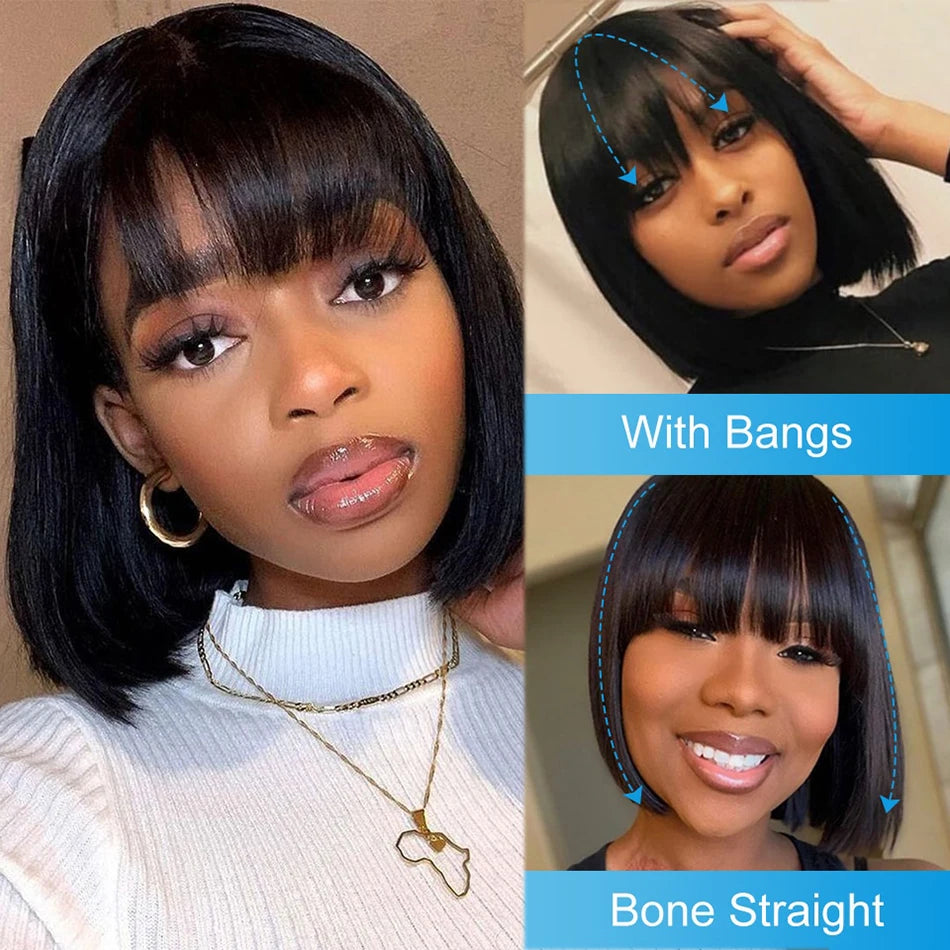 3X1 Middle Part Lace Wig Bob Wigs Full Machine Made Bone Straight Human Hair Wigs With Bangs Short Bob Human Hair Wigs