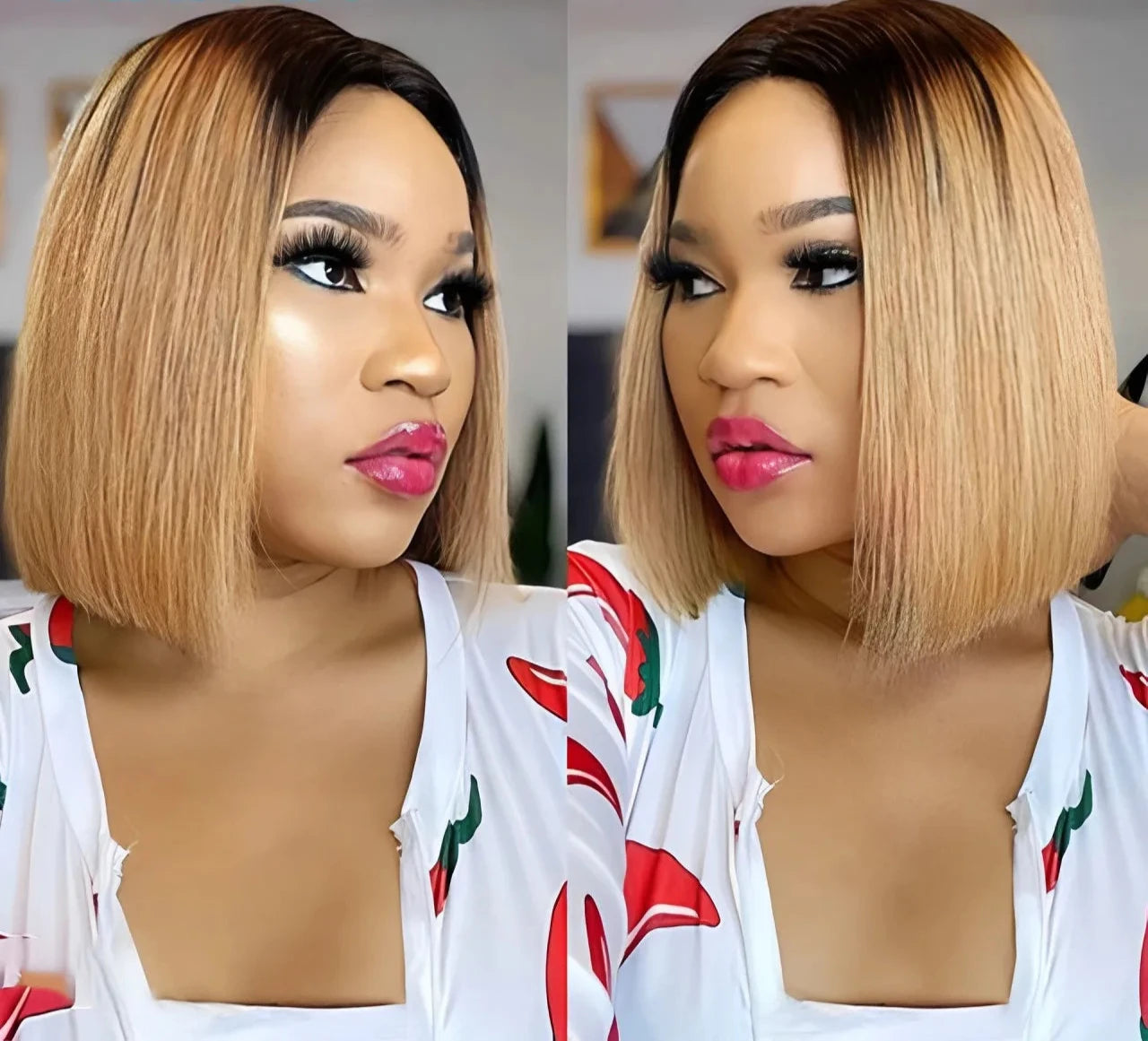 Ombre Gold Blonde Short Straight Bob 13x1 Lace Front 100% Human Hair Wigs