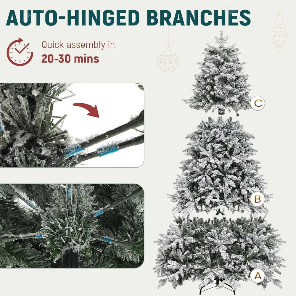 6 FT Pre-Lit Snow Flocked Christmas Tree, Artificial Hinged Canaan Fir Christmas Tree with 1225 PE & PVC Mixed Branch Tips