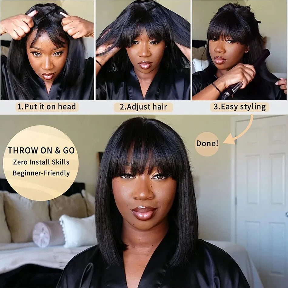 3X1 Middle Part Lace Wig Bob Wigs Full Machine Made Bone Straight Human Hair Wigs With Bangs Short Bob Human Hair Wigs