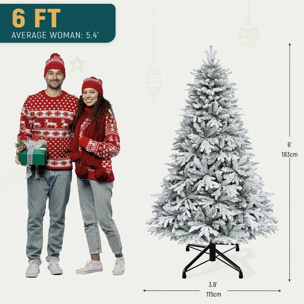 6 FT Pre-Lit Snow Flocked Christmas Tree, Artificial Hinged Canaan Fir Christmas Tree with 1225 PE & PVC Mixed Branch Tips