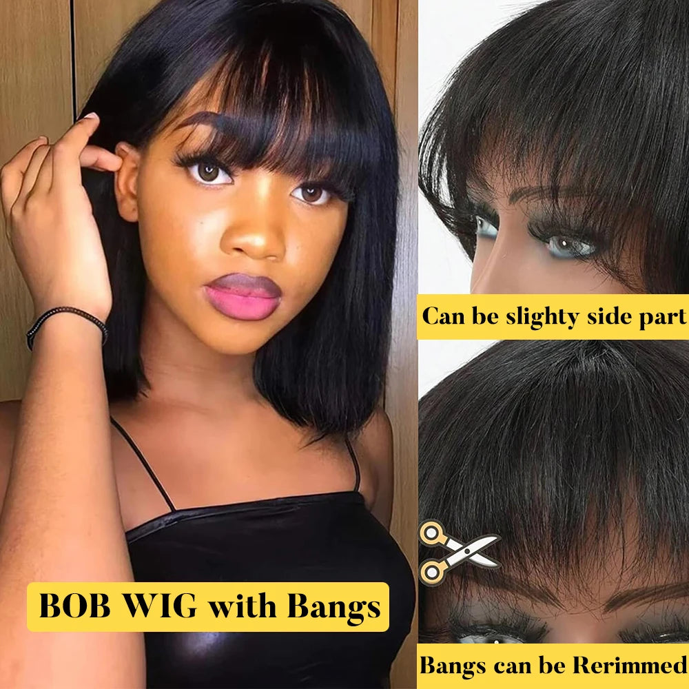 Short Bob Wig with Bangs Straight Human Hair Bob with Bangs  180% Density