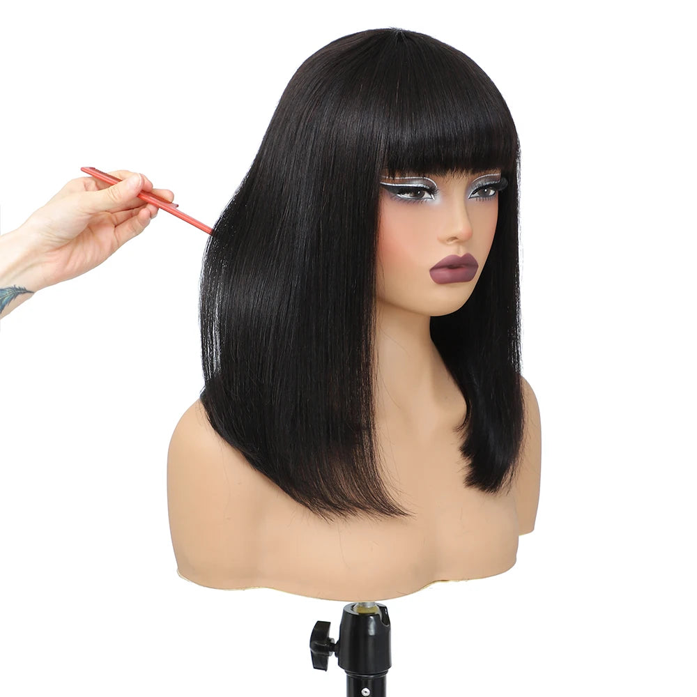 Short Bob Wig with Bangs Straight Human Hair Bob with Bangs  180% Density