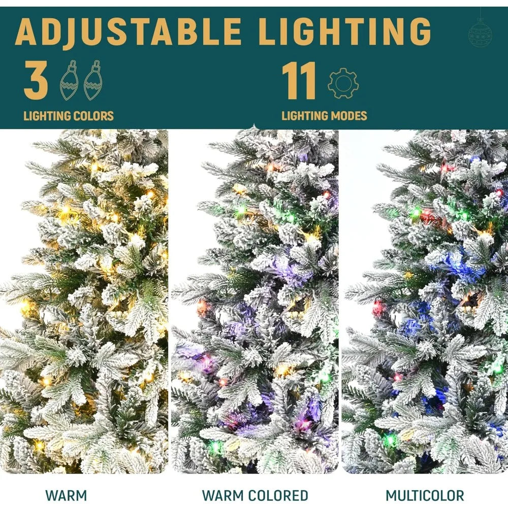 6 FT Pre-Lit Snow Flocked Christmas Tree, Artificial Hinged Canaan Fir Christmas Tree with 1225 PE & PVC Mixed Branch Tips