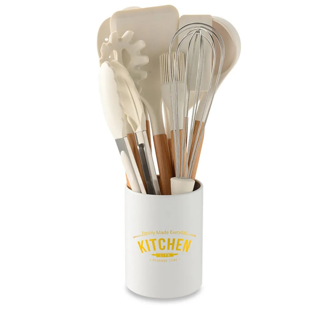 Silicone Cooking Utensils Set with Wooden Handle Non-stick Cookware - Graceland Home and Living -  