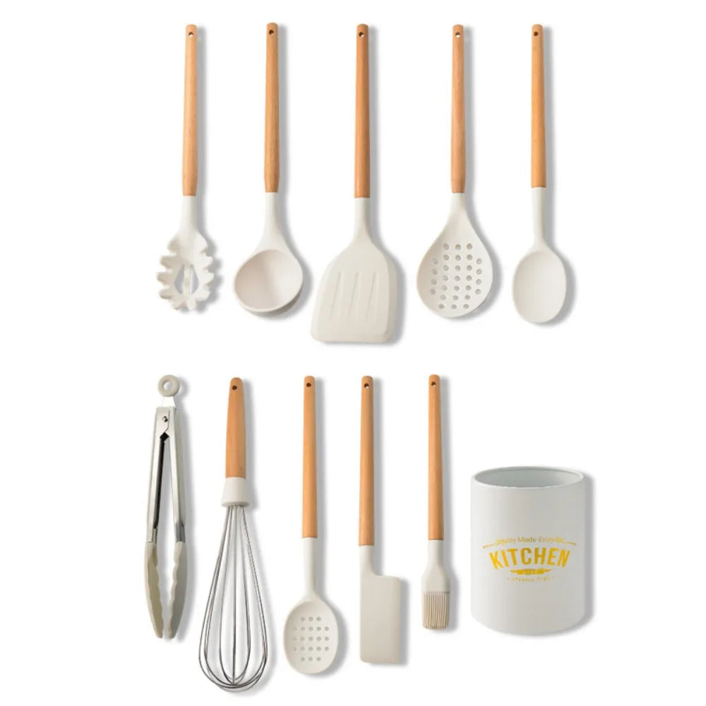 Silicone Cooking Utensils Set with Wooden Handle Non-stick Cookware - Graceland Home and Living -  